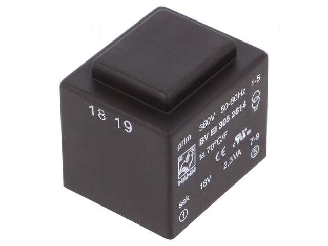 Transformator: ingegoten; 2,3VA; 380VAC; 18V; 128mA; PCB; BVEI Transformator: ingegoten; 2,3VA; 380VAC; 18V; 128mA; PCB; BVEI